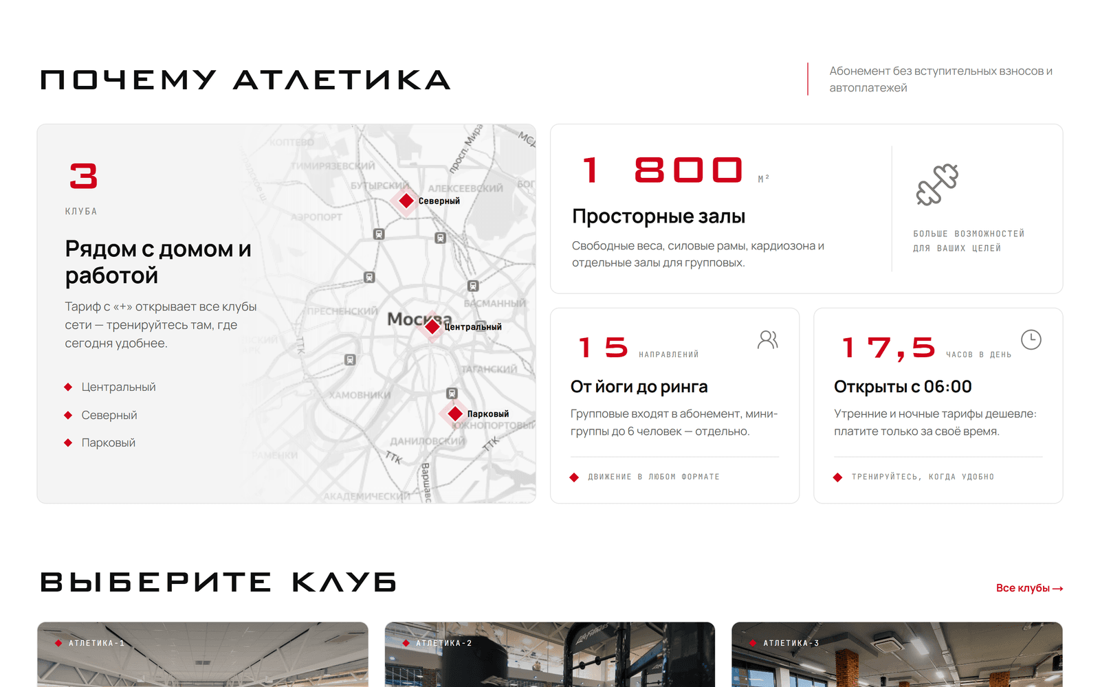 Блок «Почему Атлетика»: слева карточка с картой Москвы и метками трёх клубов, справа три карточки — площадь залов, число направлений и часы работы
